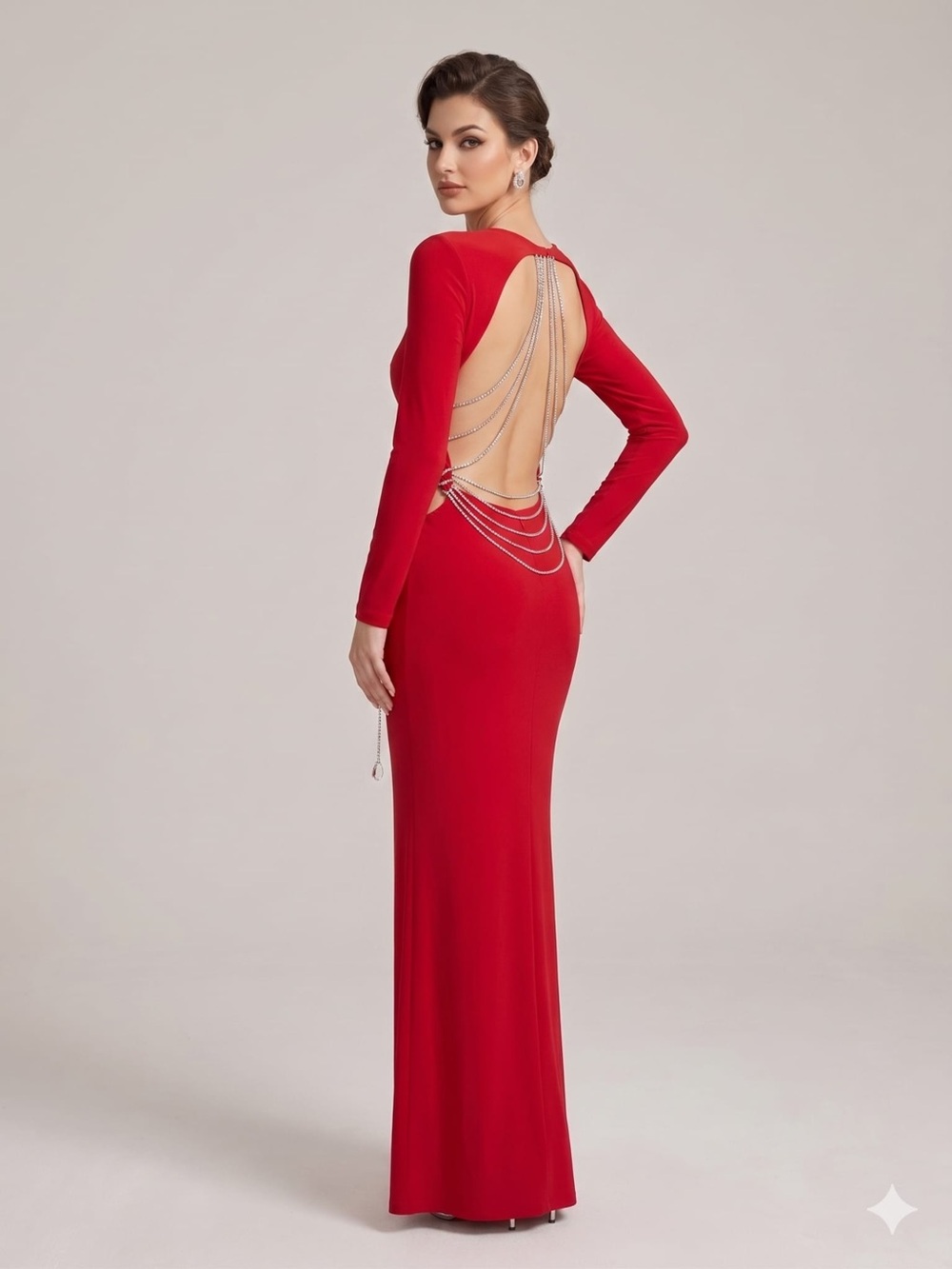 Red Long Sleeve Back-Chain Evening Gown